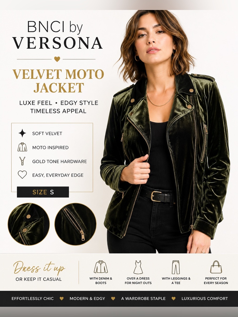 NWT BNCI by Versona Velvet Moto Jacket Luxe Olive Green Gold Zip Size S